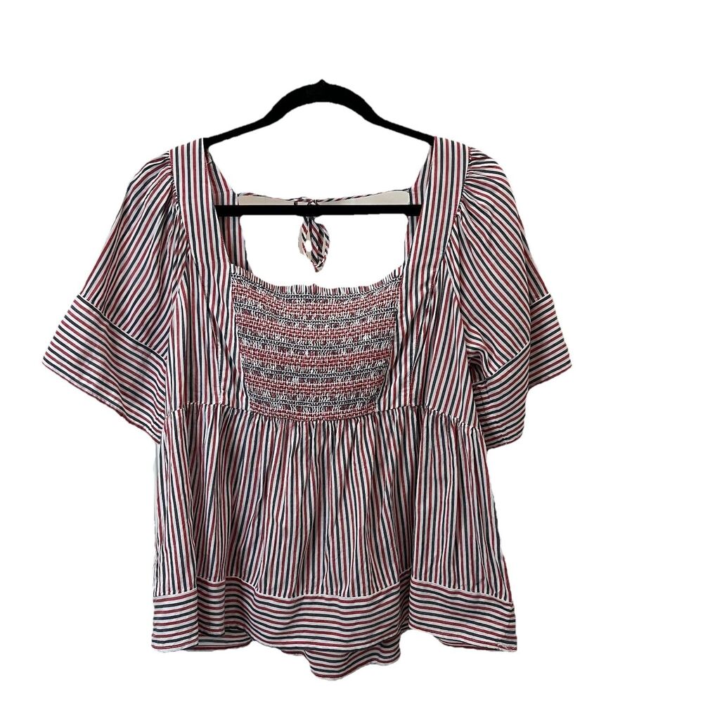 Old Navy Blue Red White Striped Smocked Tie Back Crop Top Womens Size L